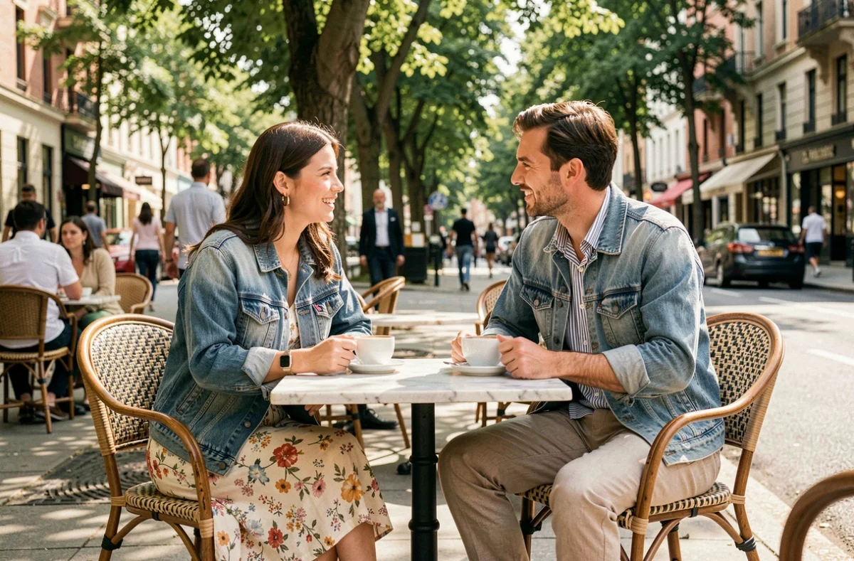 Deux amis stylés attablés en terrasse de café parisien portant des tenues tendance printemps-été, conseils mode casual chic