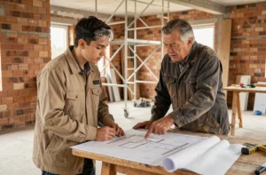 Jeune apprenti en formation dans le bâtiment écoutant un maître artisan expérimenté devant des plans architecturaux dans un chantier de rénovation