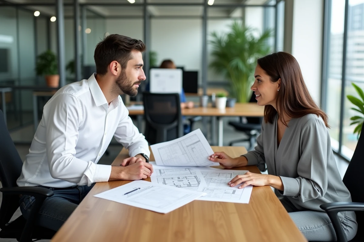 Deux associés étudiant les plans d'un local pour choisir les meilleures conditions d'installation de leur entreprise