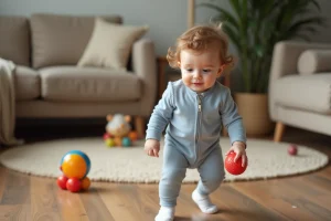 Bébé de un an avec un ballon coloré en train de marcher