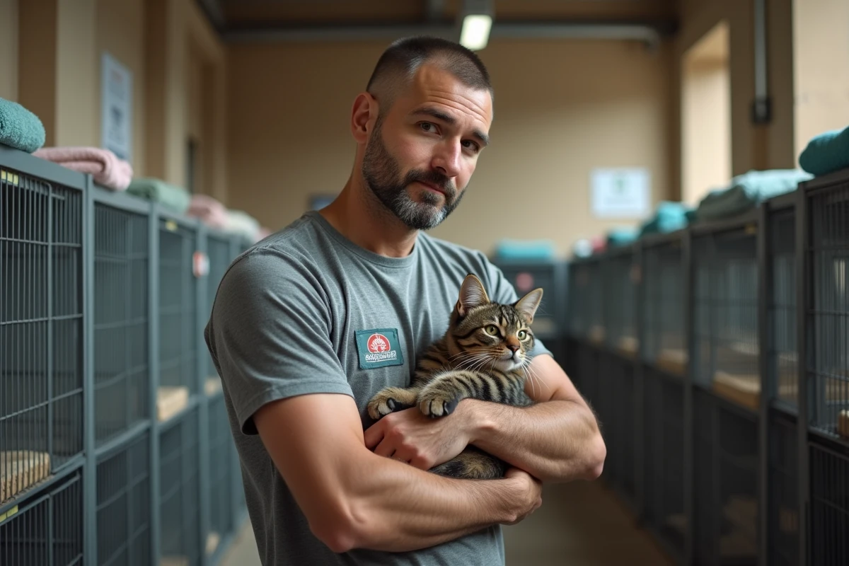 Bénévole d'un refuge animalier tenant un chat rescapé dans ses bras dans un centre de protection animale en France