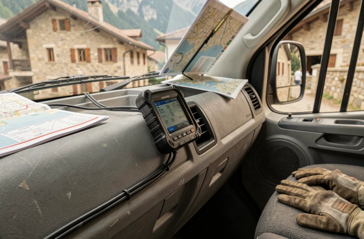 Boîtier GPS de suivi de flotte installé sur le tableau de bord d'un véhicule utilitaire avec vue sur une commune alpine