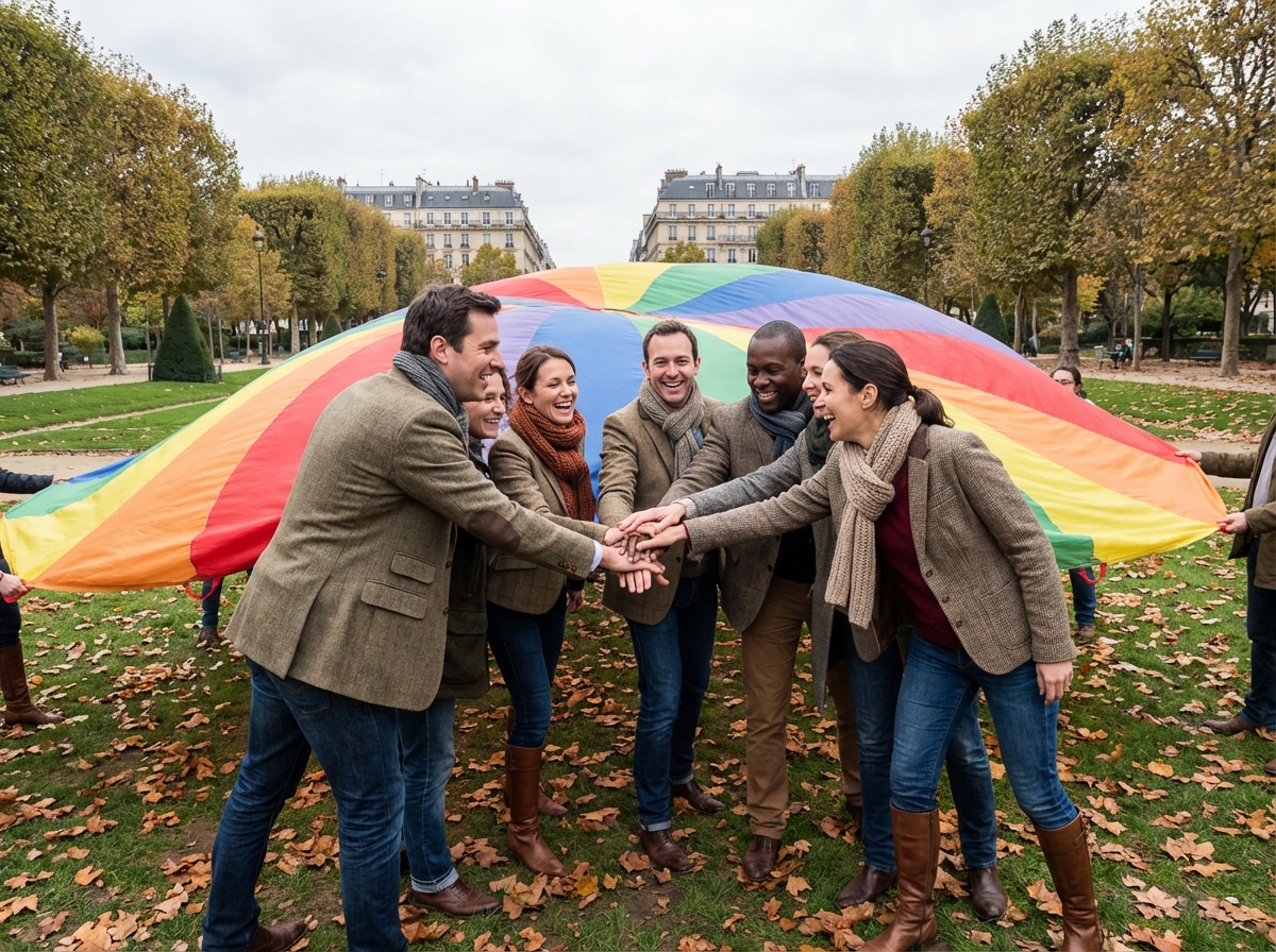 Adultes en extérieur participant à un défi avec parachute dans un parc parisien