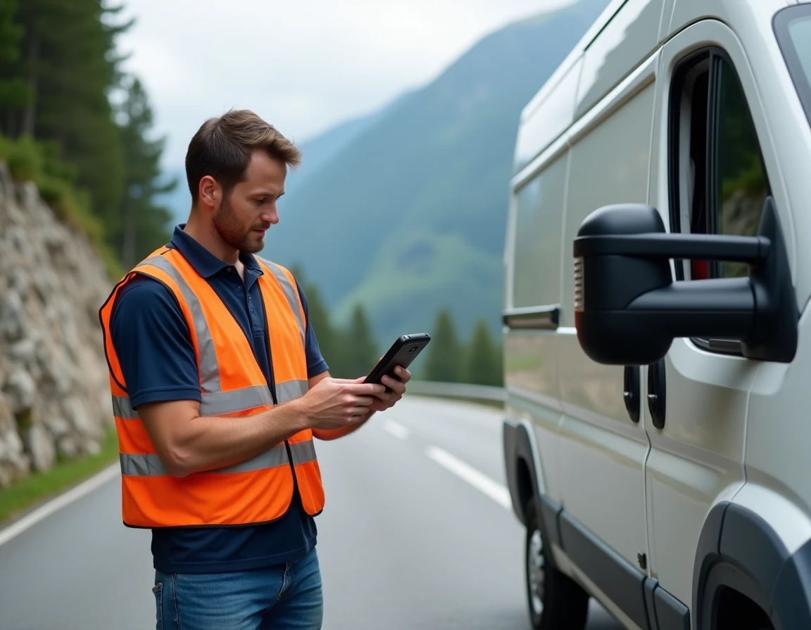 Chauffeur de camionnette consulte un dispositif GPS de suivi de flotte sur une route de montagne près de Veynes