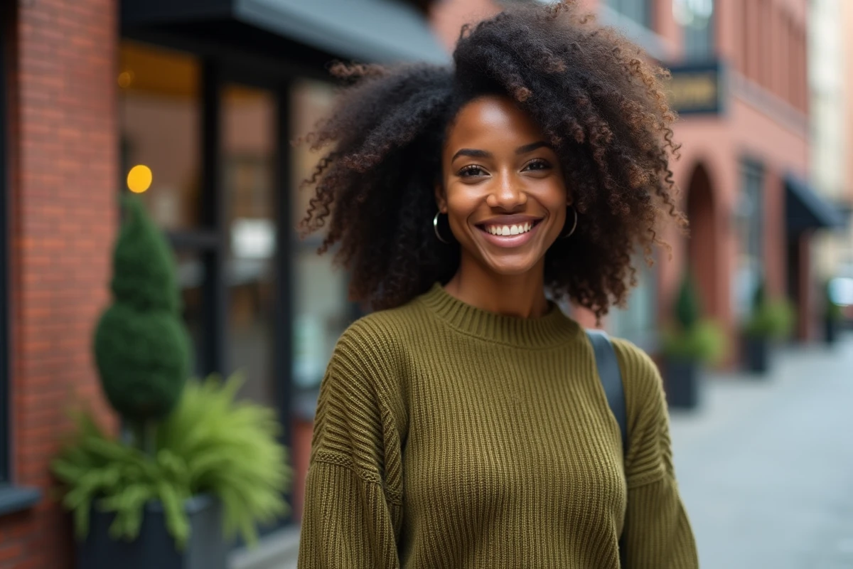 Femme aux cheveux naturels volumineux et brillants souriante en extérieur urbain, illustrant les résultats visibles du soin Level Up Carli