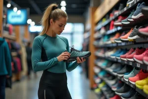 Femme athlétique examinant des chaussures de trail dans un magasin de sport pour choisir le bon équipement
