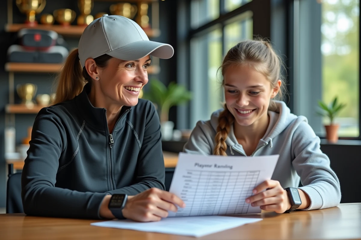 Entraineure de tennis discutant avec une jeune joueuse dans un club intérieur