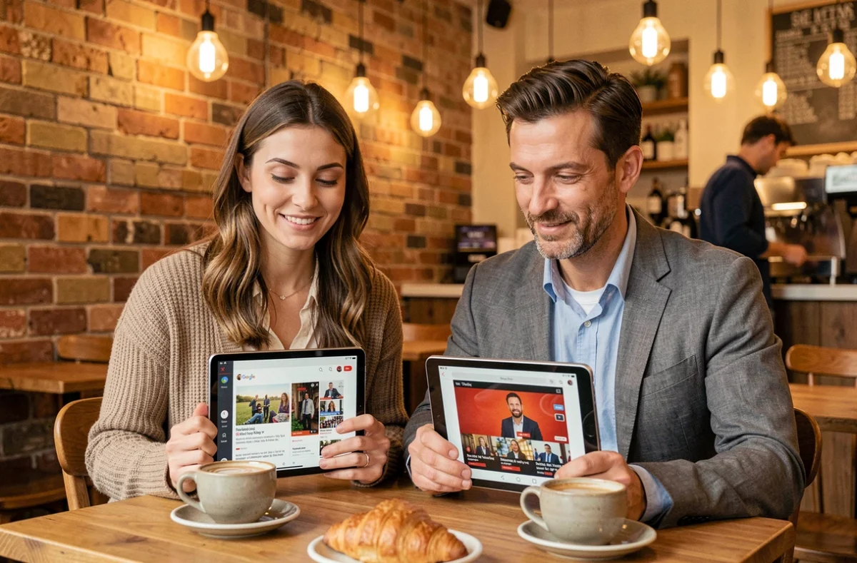 Deux personnes comparant DNews sur Google Play et YouTube dans un café urbain