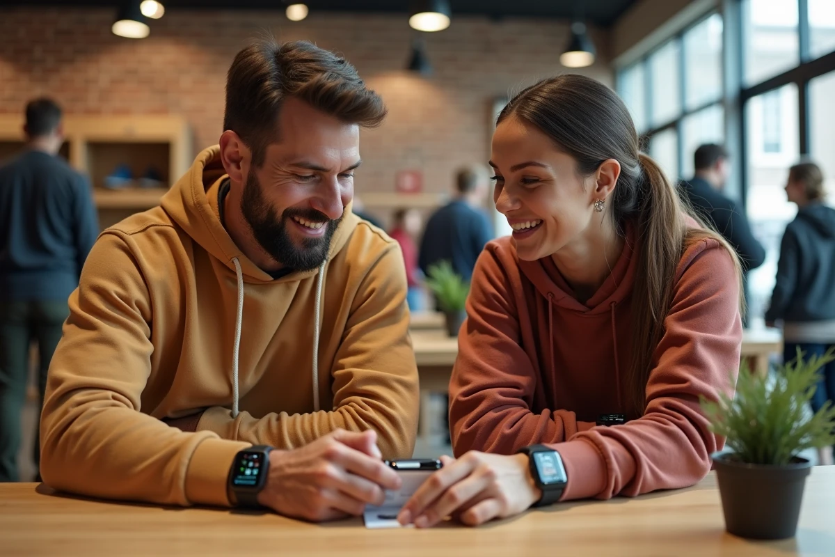 Deux sportifs comparant des montres connectées dans un espace lifestyle pour optimiser leurs performances