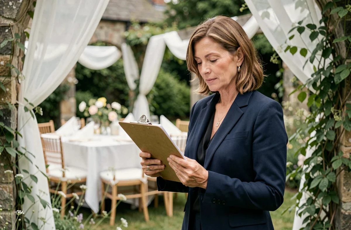Coordinatrice de mariage professionnelle consultant ses notes dans un jardin décoré avec des arches en pierre et des tables de réception élégantes