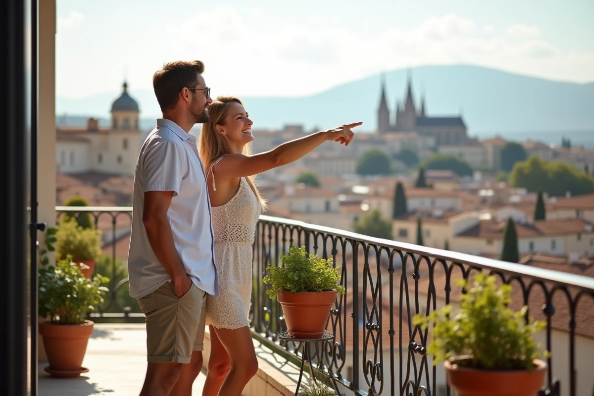 Couple sur le balcon d'un appartement moderne avec vue panoramique sur les toits et la cathédrale d'une ville du sud de la France