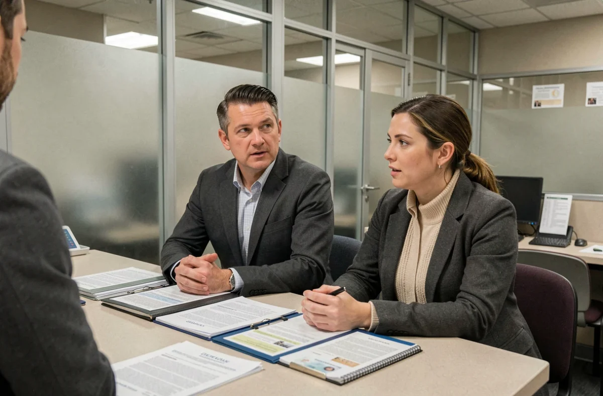 Couple effectuant leurs démarches administratives au guichet d'un office gouvernemental avant leur voyage
