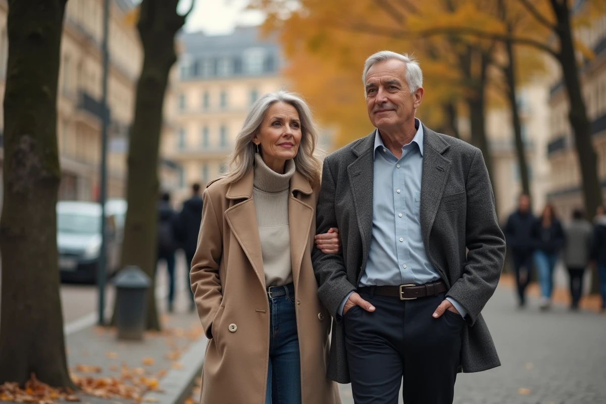 Couple discret se promenant dans une rue parisienne en automne, l'homme en blazer gris et la femme en manteau élégant, symbolisant la vie de couple protégée des personnalités publiques