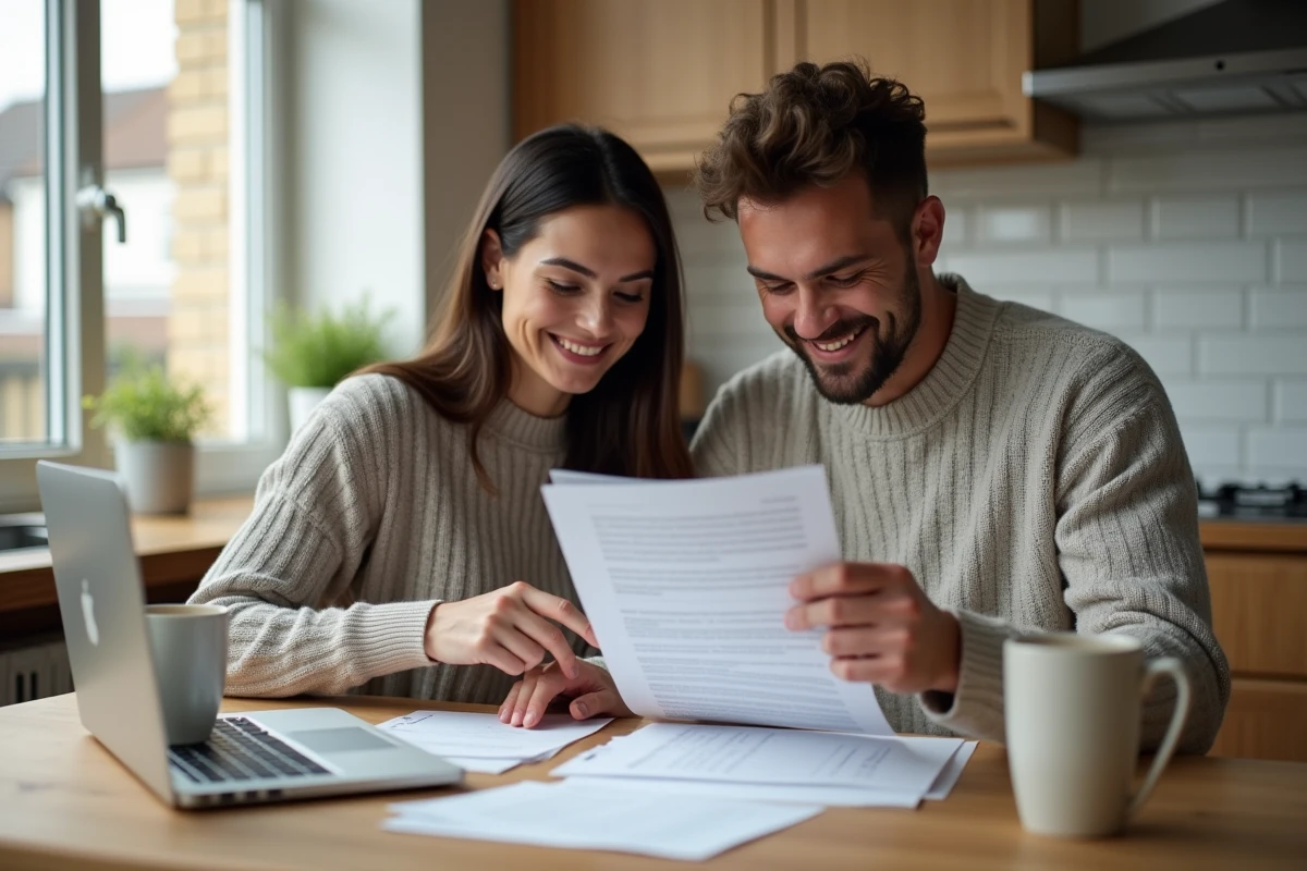 Couple étudiant les garanties et assurances d'un prêt immobilier à domicile