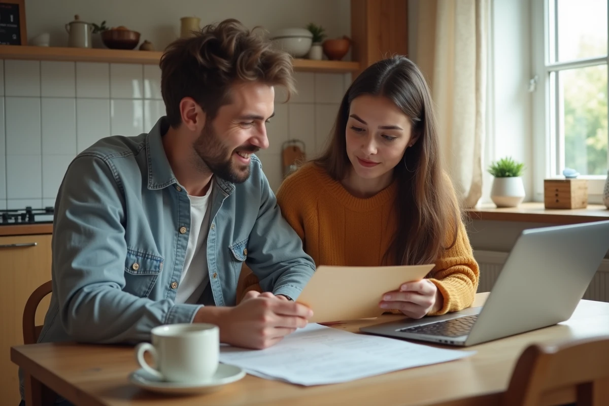 Couple consultant un dossier de résidence et un portail administratif en ligne après une démarche biométrique