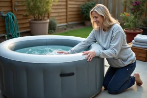 Femme aidant à dégonfler un spa gonflable MSPA Lite dans un jardin en appuyant sur les parois