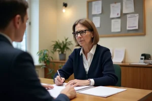 Femme remplissant un formulaire de demande d'aide financière dans un bureau de mairie