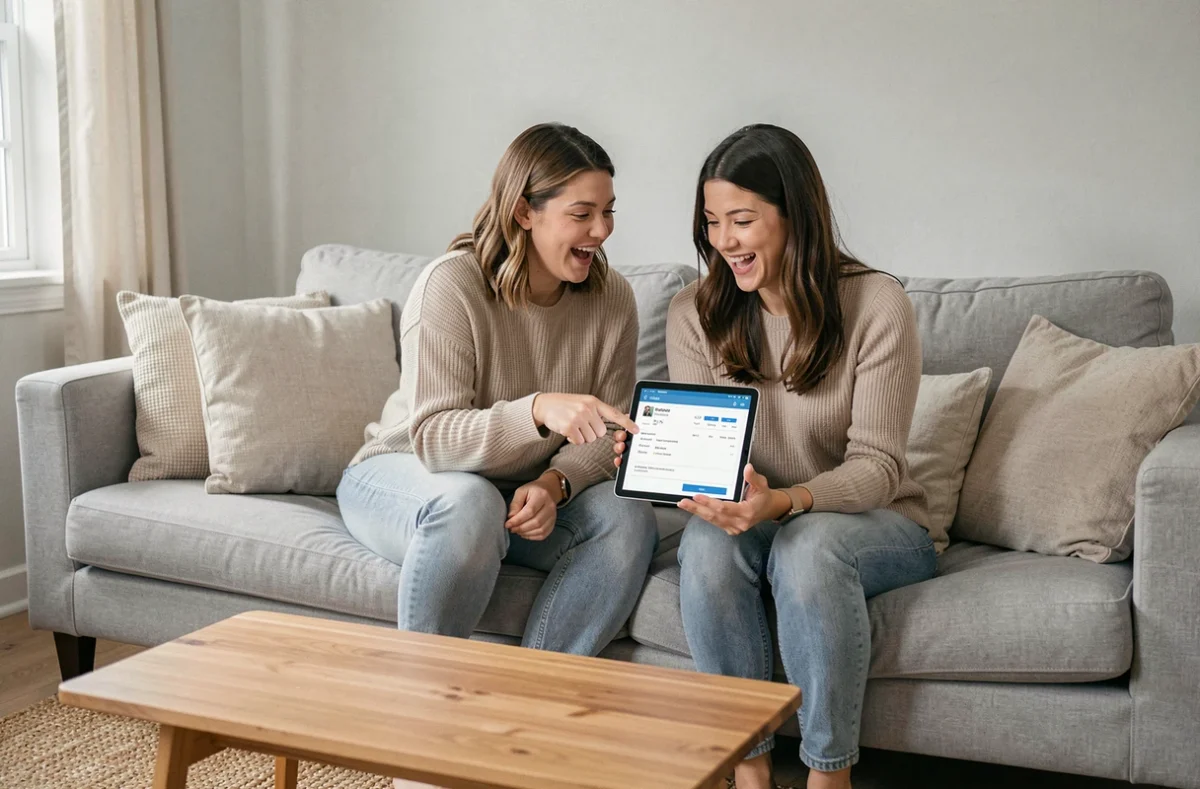 Deux femmes partageant des astuces de shopping en ligne sur une tablette dans un salon contemporain