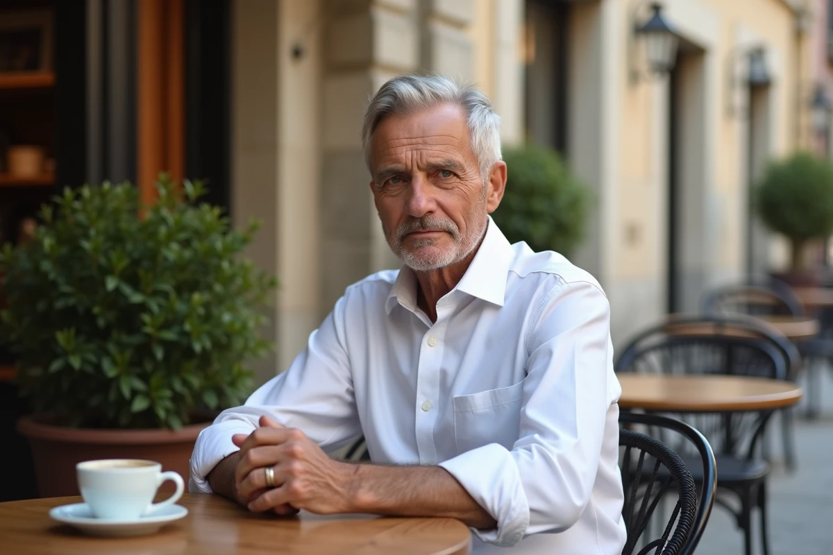 Homme distingué en chemise blanche attablé seul en terrasse de café européen, regard introspectif sur son espresso, évoquant la discrétion et l'intimité d'un dirigeant public