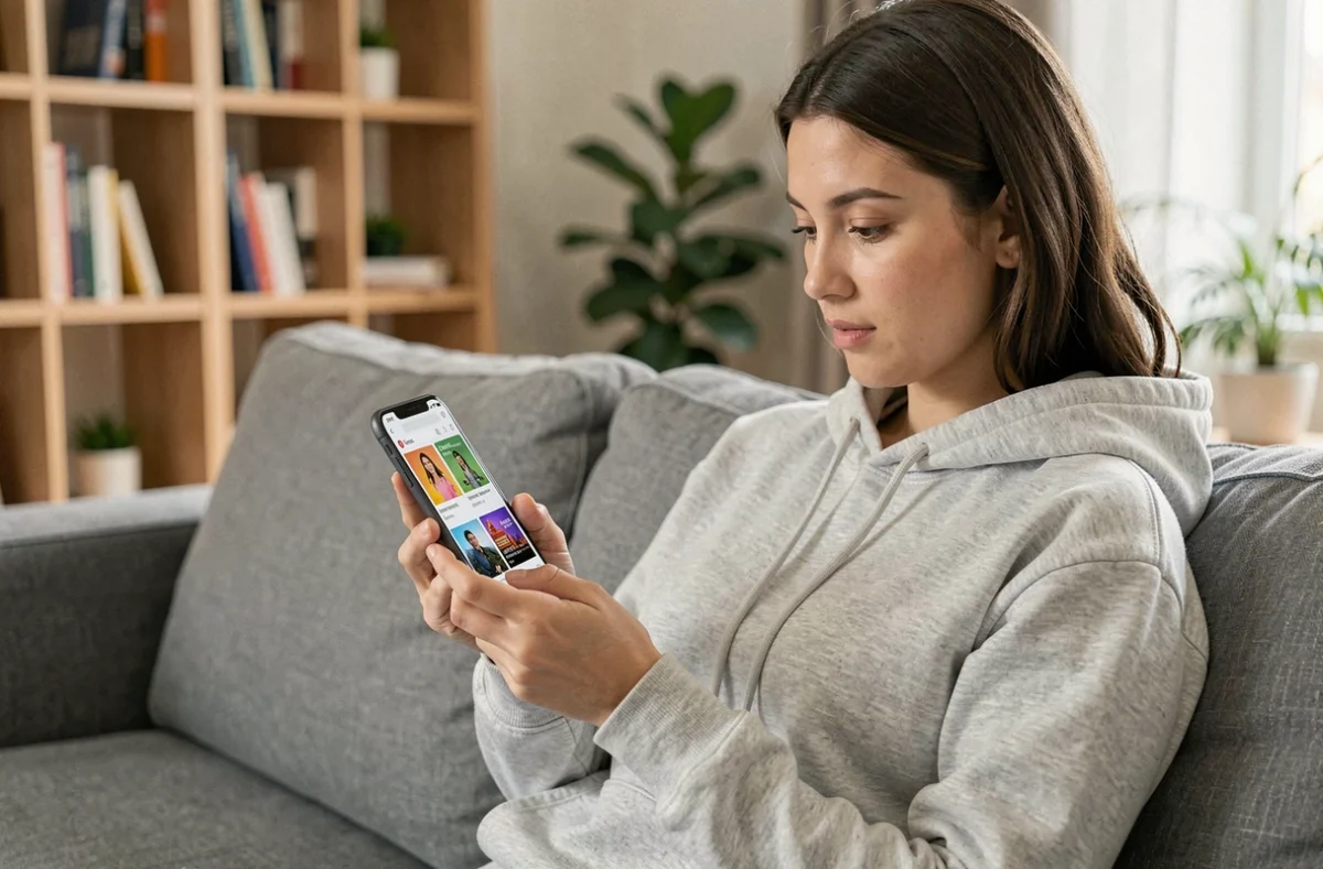 Femme consultant l'application DNews sur un smartphone Android dans un salon moderne
