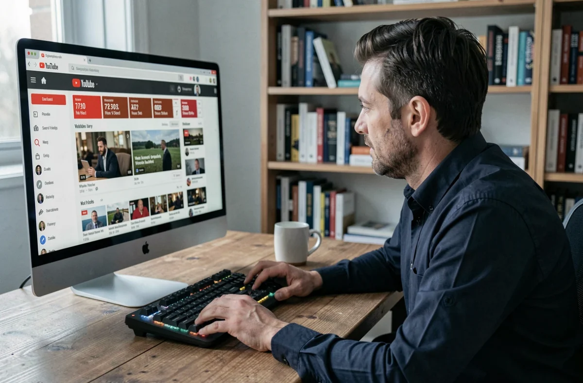 Homme regardant une chaîne d'information YouTube sur un ordinateur de bureau dans un bureau à domicile