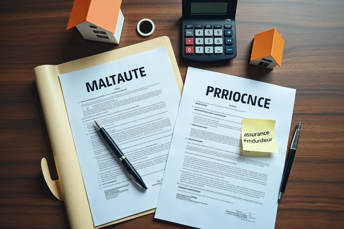 Documents d'assurance emprunteur et accessoires de prêt immobilier sur un bureau professionnel