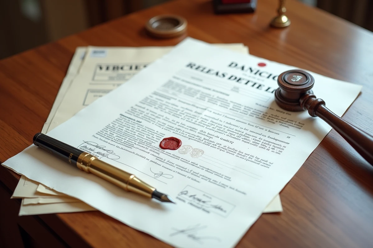 Gros plan sur des documents officiels de mainlevée d'hypothèque avec cachet notarial