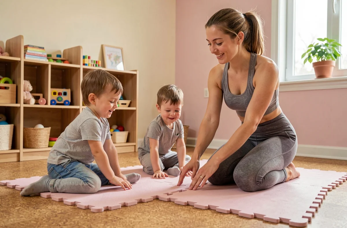 Éducatrice guidant deux tout-petits dans des exercices d'étirement sur des tapis en mousse dans une salle de jeux intérieure