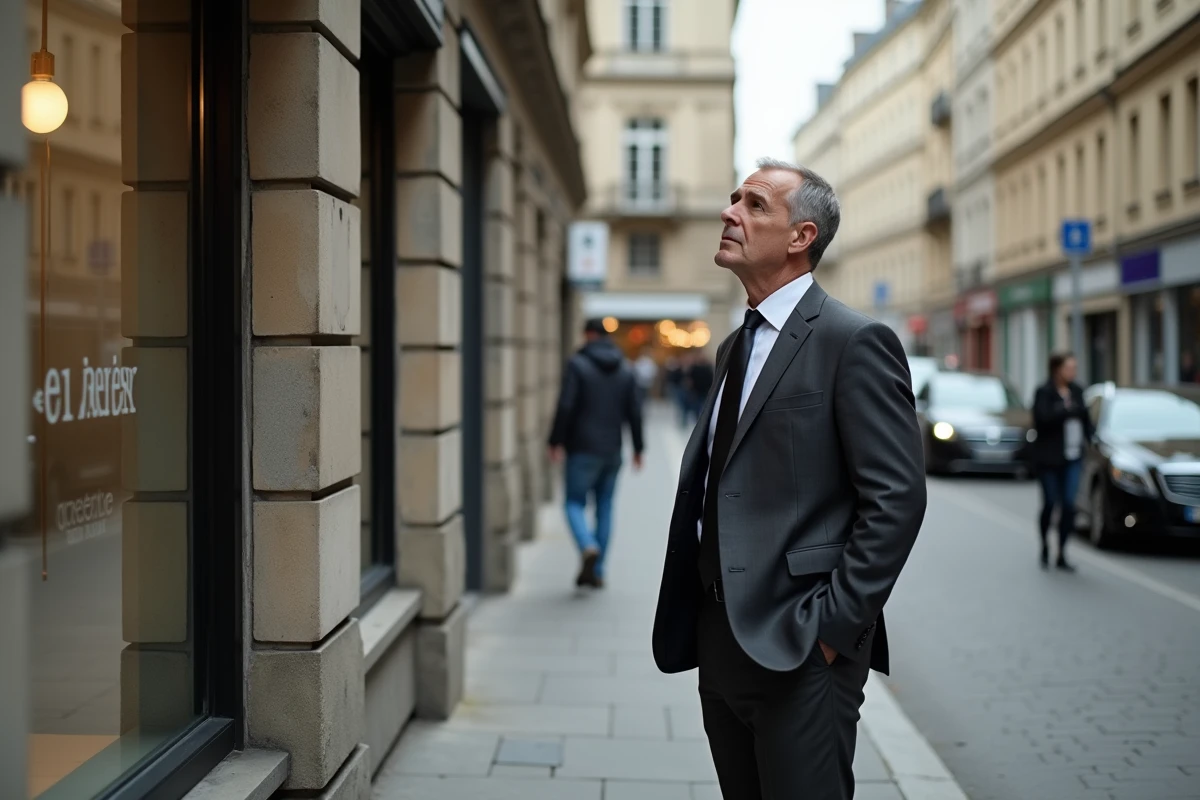 Chef d'entreprise évaluant un local commercial à louer dans un quartier d'affaires urbain