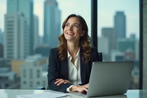 Femme en bureau moderne avec vue urbaine dynamique