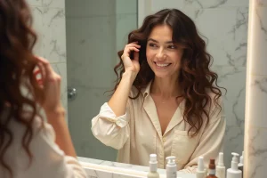 Femme aux cheveux bouclés brillants et soignés se regardant dans un miroir de salle de bain après avoir utilisé un soin capillaire Level Up Carli