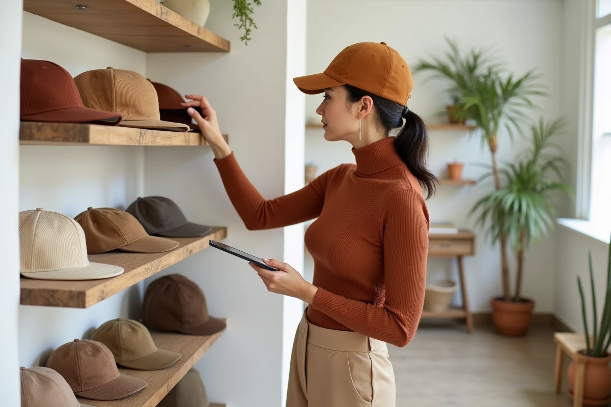 Femme choisissant une casquette en velours côtelé tendance dans une boutique minimaliste élégante, sélection de casquettes stylées