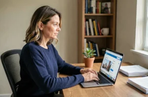 Femme accédant à son espace personnel bancaire CRCA22 sur un ordinateur portable depuis son bureau à domicile