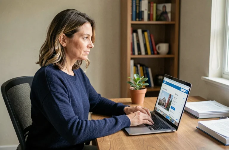 Femme accédant à son espace personnel bancaire CRCA22 sur un ordinateur portable depuis son bureau à domicile