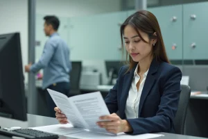 Femme consultant des documents administratifs après une démarche biométrique dans un bureau préfectoral