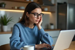 Femme en sweater bleu utilisant un ordinateur à la maison