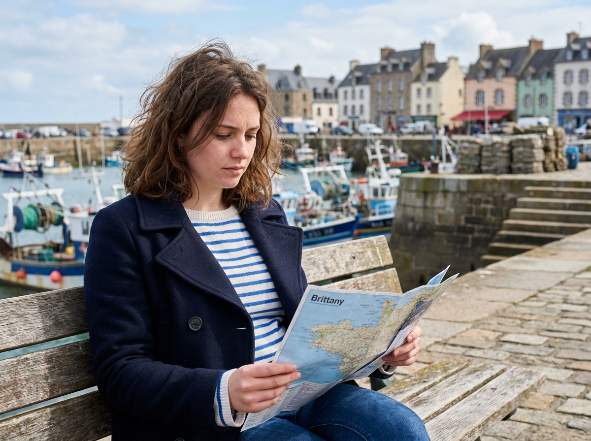 Jeune femme lisant une carte dans le port de Bretagne