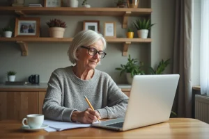 Femme retraitée examine ses chiffres de pension à la maison