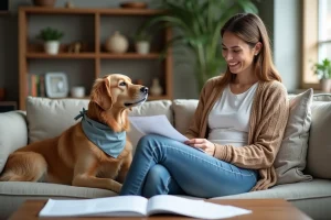 Femme souriante avec son chien dans un salon chaleureux