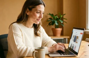 Femme faisant du shopping en ligne sur un ordinateur portable dans un bureau à domicile confortable