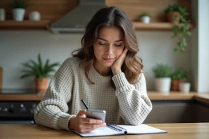 Femme assise à la cuisine avec smartphone et notes