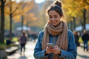 Femme souriante utilisant son smartphone dans un parc urbain