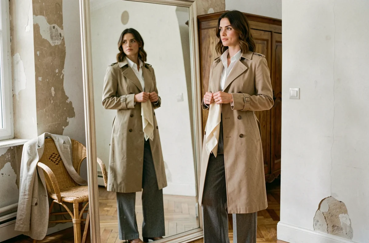 Femme élégante en manteau trench beige et pantalon taille haute se regardant dans un miroir dans un appartement parisien, tenant un foulard en soie