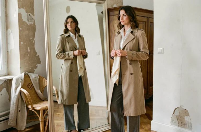 Femme élégante en manteau trench beige et pantalon taille haute se regardant dans un miroir dans un appartement parisien, tenant un foulard en soie