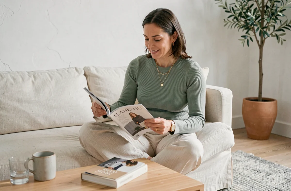 Femme en tenue lin crème et haut vert sauge assise sur un canapé dans un salon scandinave minimaliste, feuilletant un magazine de mode avec bijoux dorés