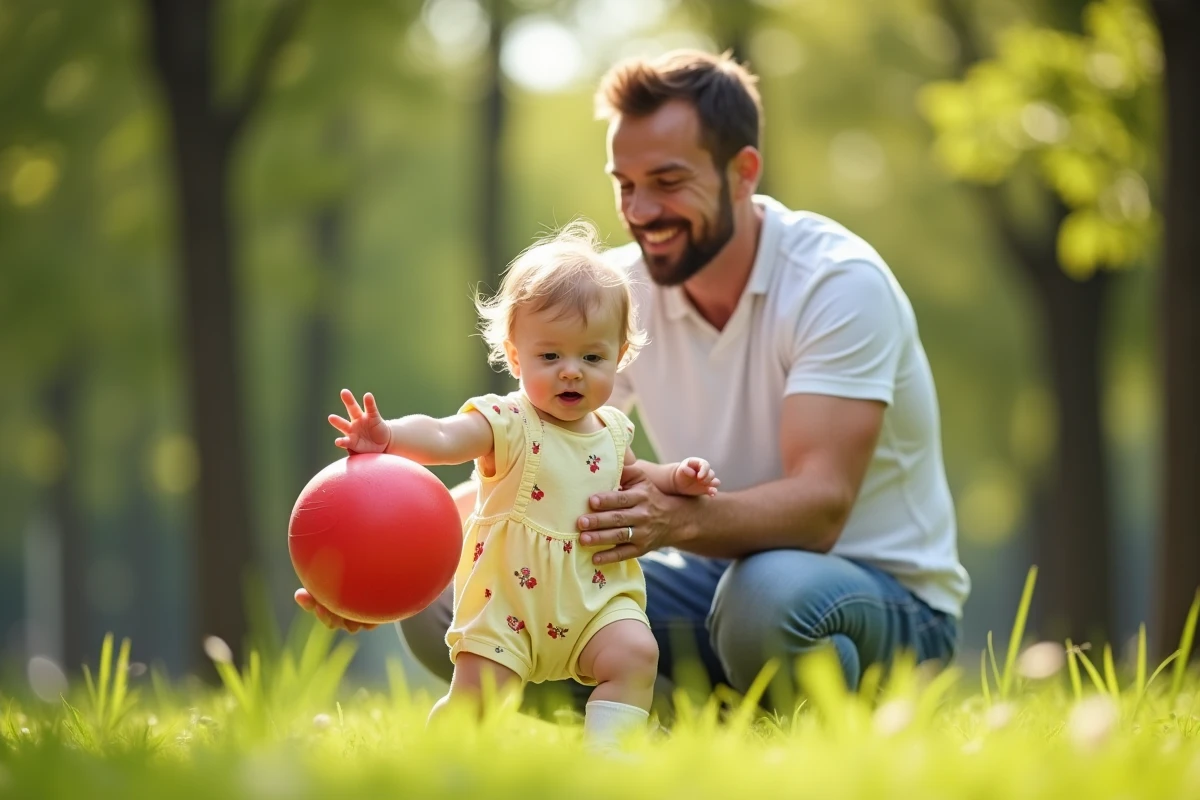 Fille de 14 mois touche un ballon avec son père dans un parc