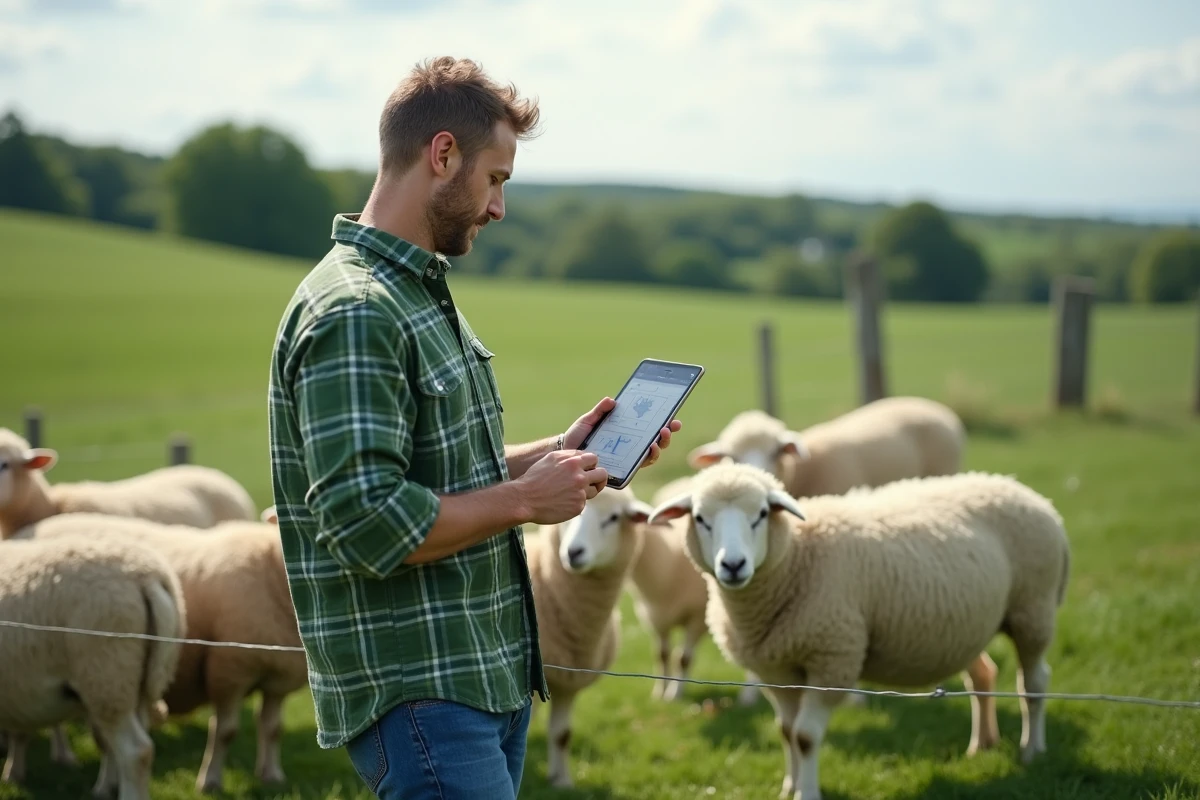 Jeune gestionnaire surveillant un troupeau de moutons avec une tablette en plein air