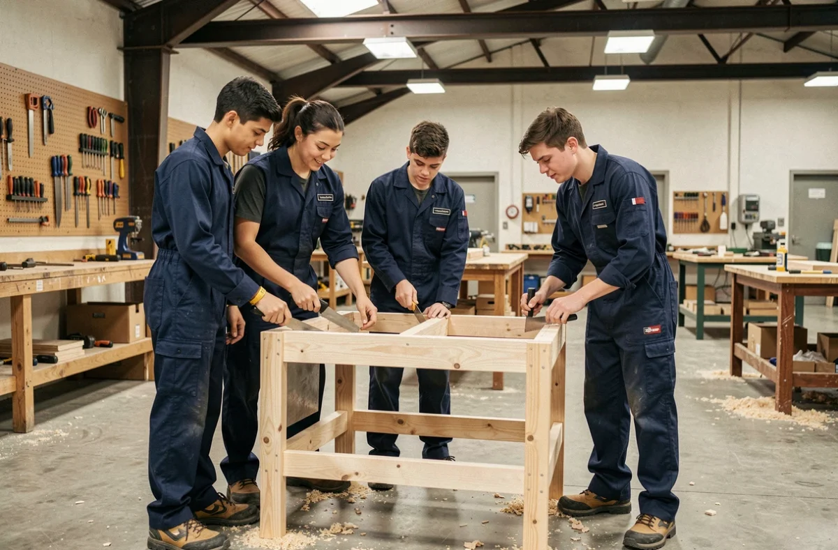 Groupe d'apprentis en formation professionnelle dans un atelier de construction assemblant une structure en bois sous la supervision d'un formateur