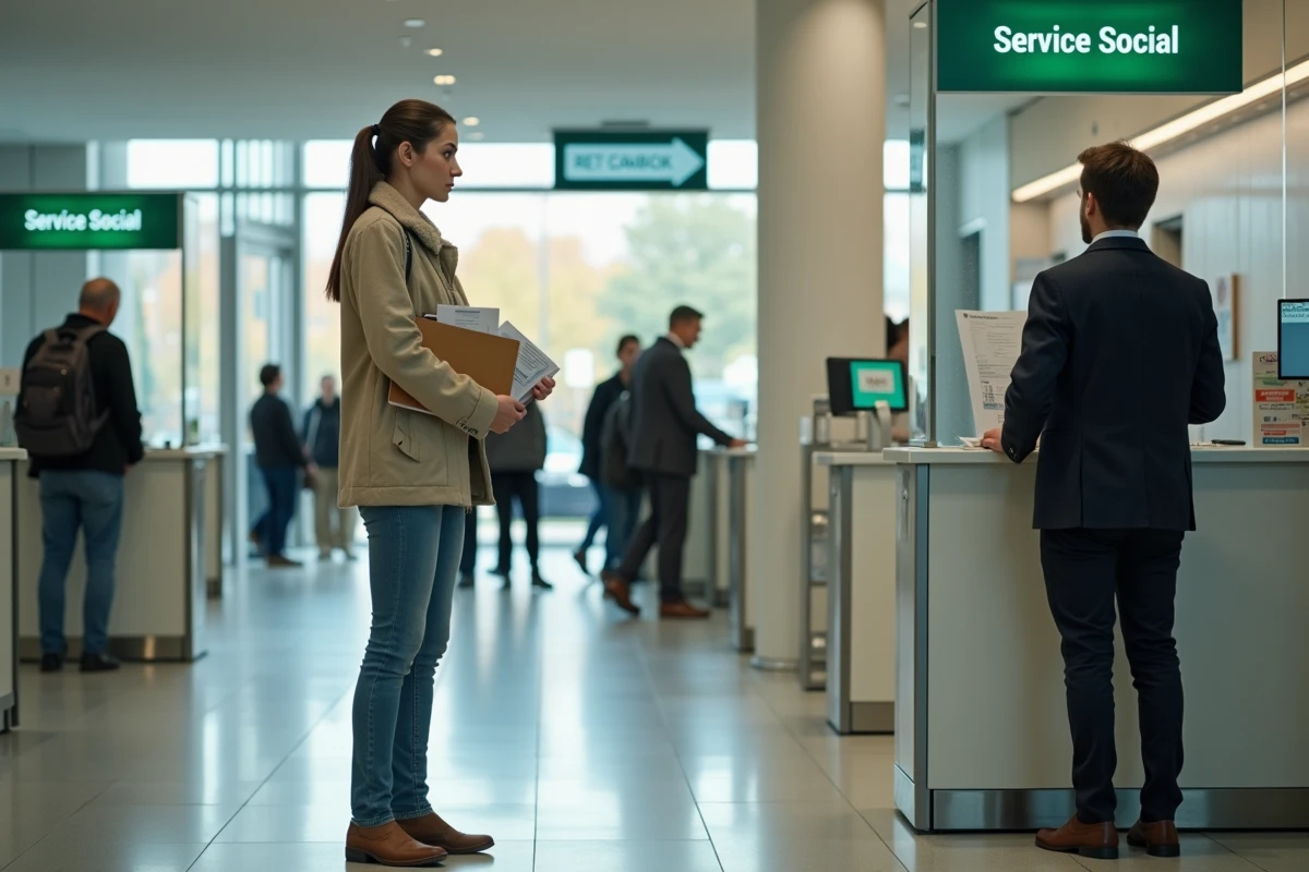 Jeune femme se renseignant sur les aides financières au guichet du service social d'une mairie