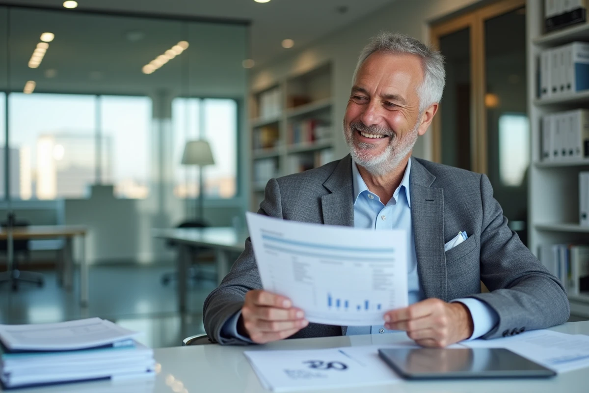Homme d affaires souriant en vérifiant ses documents de pension